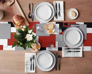 Camino de mesa de lino con cuadros geométricos, mantel moderno rojo negro gris blanco para decor.