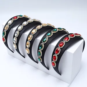 Cerchietto per Capelli in Raso Imbottito Largo in Stile Barocco Vintage con Strass e Gemme di Cristallo per Feste e Balli Donna