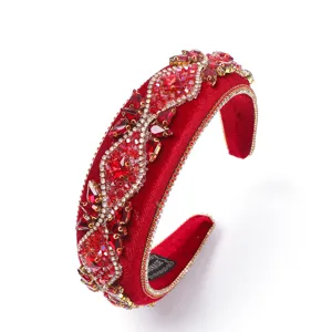 Luxury red velvet crystal padded headband, vintage baroque hair hoop for women parties.