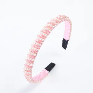 Pink beaded headband with pearls for women, sweet hair hoop for daily fashion styling.