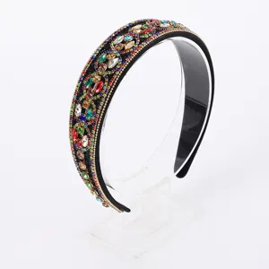 Exquisite Baroque rhinestone headband, sparkling colorful crystals on black base hair accessory.