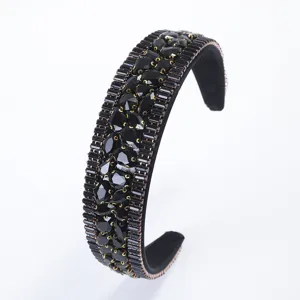 Schwarzes Barock Strass Haarband Luxus Kristall breiter Haarreif elegante Party Haarschmuck