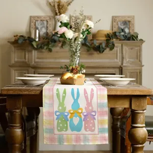 Chemin de Table Lapin de Pâques en Lin Nappe à Carreaux Floraux pour Cuisine Salle à Manger Décoration de Table de Fête