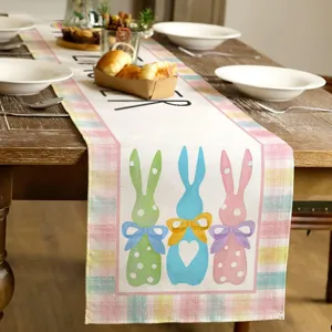 Chemin de table de Pâques en lin avec joli design de lapin et nœud pour décoration