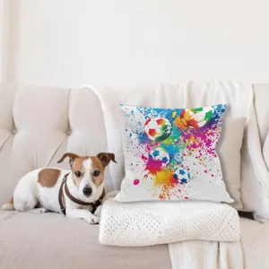 Decorative soccer throw pillow cover with colorful watercolor splash design for living room sofa.
