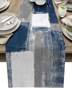 Abstrakter Tischläufer aus Leinen mit Farbverlauf in Blau und Grau, stilvolle Deko.