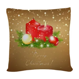 Christmas cushion cover detail showing red candles and pine branches print, festive home decor.