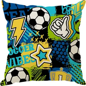Retro soccer pillow cover with graffiti sports print for living room sofa decoration.