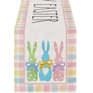 Chemin de table de Paques lin carre pastels lapins mignons noeuds deco printemps table de fete
