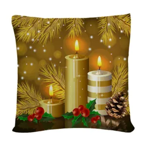 Close-up detail of Christmas candle pattern printed pillow cover, festive holiday decor.