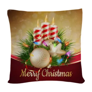 Christmas candle and pine branch printed pillow cover detail shot for holiday decor.