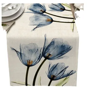 Camino de mesa de tulipanes azules para decoración de comedor tela de lino mantel