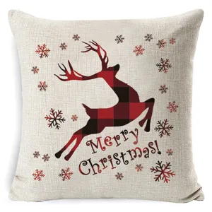Housse de coussin motif cerf carreaux de buffle Noël en lin festif vue de détail