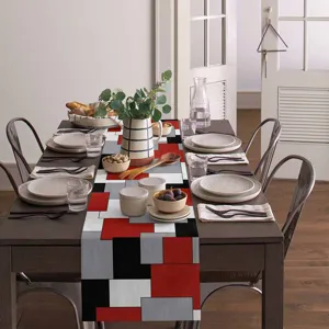 Camino de mesa de lino geométrico moderno rojo negro gris blanco para decoración