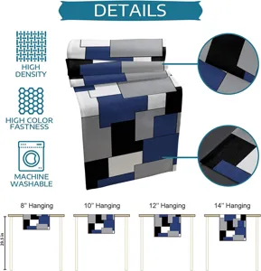 Moderno camino de mesa geométrico de lino azul negro gris blanco para decoración.