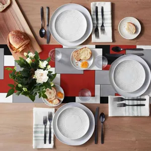 Camino de mesa de lino geometrico moderno rojo negro gris blanco decoracion de mesa mantel