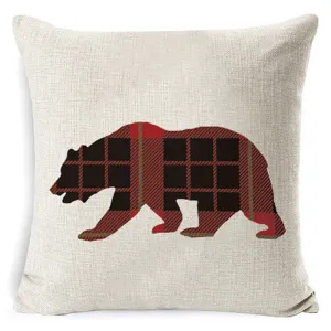 Housse de coussin en lin motif carreaux ours style rustique chalet noël décoration
