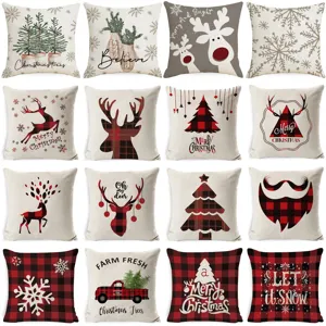 Housse de Coussin Décorative de Noël en Lin Flocon de Neige et Renne pour Canapé Maison