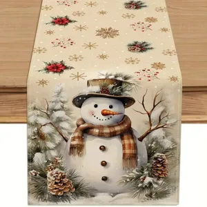 Christmas table runner linen snowman print holiday dining table decoration festive home decor