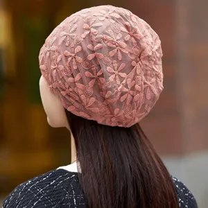 Women breathable lace hollow floral beanie thin pullover cap for comfortable daily wear