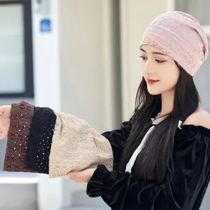 Women lace rhinestone slouchy beanie breathable thin headscarf hat summer turban cap.