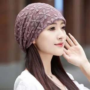 Women Lace Breathable Turban Hat Hollow Floral Chemo Cap Thin Head Cover for White Hair