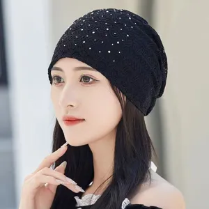 Women Slouchy Beanie Hat Lightweight Polyester Lace Turban Hat With Rhinestone Hollow Out Beanie Cap For Outdoor Sun Protection