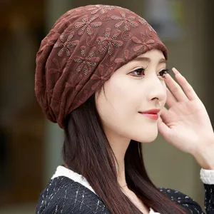 Breathable lace beanie hat for women, lightweight hollow-out floral chemo cap for daily wear.