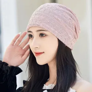 Detail view of women pink lace rhinestone slouchy hat, breathable chemo cap header daily wear.