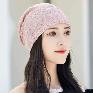 Women pink lace rhinestone slouchy beanie cap breathable spring summer head wrap hat stylish