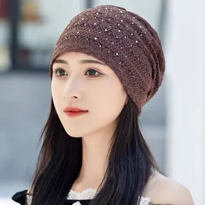 Brown lace rhinestone cap, breathable mesh turban hat for women, elegant daily headwear.