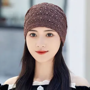 Brown lace rhinestone headscarf hat for women, breathable summer slouchy beanie cap.