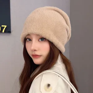 Furry warm winter beanie hat for women, soft plush slouchy knit cap for cold weather outdoor.