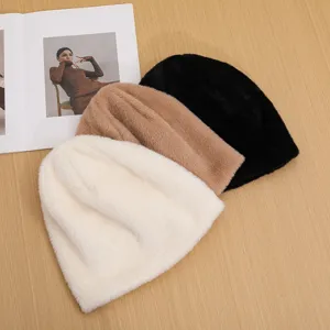 Fluffy warm winter beanie hat for women, soft knit cozy cap in white, brown, and black.