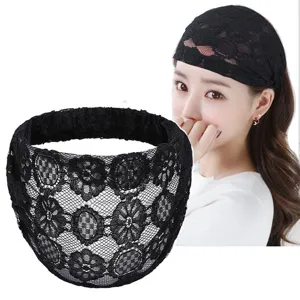 Fascia per capelli larga in pizzo nero, copricapo floreale traforato ed elastico per donne.