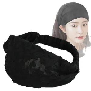 Fascia larga in pizzo nero per donna, cerchietto per capelli alla moda per uso quotidiano.
