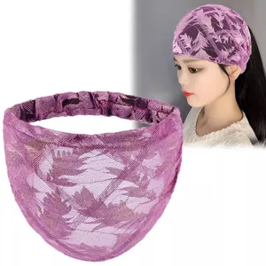 Fascia per capelli larga in pizzo viola da donna, elegante accessorio con motivo floreale.