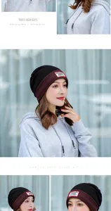 Vista dettaglio berretto in maglia, cappello invernale caldo con patch per donne.