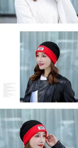 Donna inverno caldo lavorato a maglia berretto cappello elegante nero rosso blocco antivento termico
