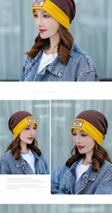 Vista di dettaglio del berretto slouchy colorblock donna autunno inverno cappello caldo.