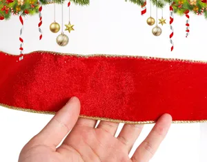 6.3cm rote Weihnachtssamtband mit goldenem Drahtrand für DIY Geschenke und Baumdeko.