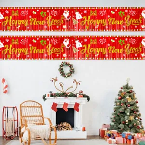 Christmas foil fringe curtain new year party background decoration banner with cute santa snowman