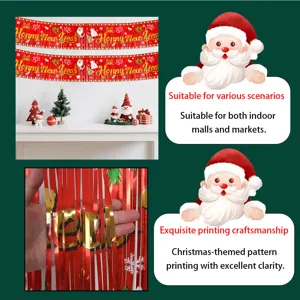 Christmas tinsel fringe curtain banner featuring Santa and snowman for festive holiday party decor.