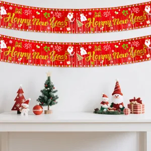 Christmas Tinsel Curtain Banner Red PET Tassel Fringe Garland Santa Claus Snowman Happy New Year Merry Christmas Party Decor