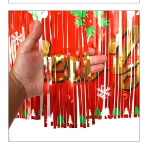 Christmas fringe curtain red foil tinsel backdrop new year party hanging wall decor banner