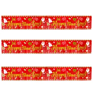 Christmas tinsel curtain banner with Santa snowman and Happy New Year text for party decor