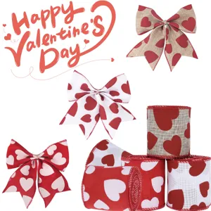 Valentinstag Herz Druck Band Verdrahtete Kante Polyester Leinen Schleife Für Geschenkverpackung DIY Handwerk Hochzeit Party Dekor