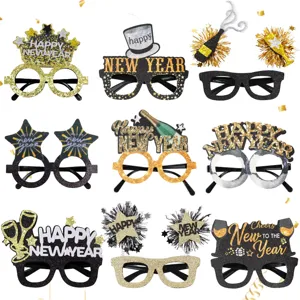 Happy New Year Party Brille Glitzer Schwarz Gold Kostüm Brillengestell Für Countdown Feier Fotografie Requisiten Feiertagsdekorationen