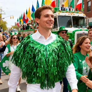 Grüner Lametta-Fransen-Umhang Detailansicht für St. Patrick's Day Partykostüm festlich.
