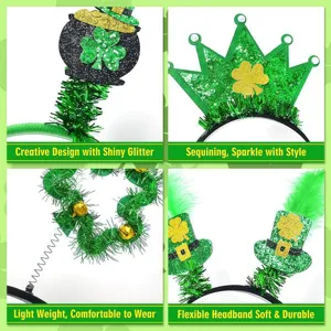 Grüner St. Patricks Day Haarreif Set mit Kleeblatt Zylinder Glitzer Festliche Party Accessoires